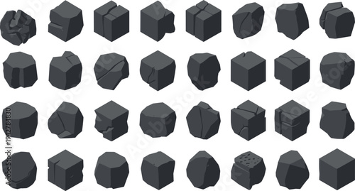 Collection of thirty stylized dark gray rock stone textures with cracks, chips, erosion patterns, angular cubic and rounded irregular shapes