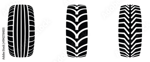 Car tyre icon set, featuring tire tracks, rubber wheels, tread pattern silhouettes, and braking marks, ideal for auto racing, speed-themed graphics, and vehicle vector designs.