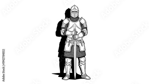 Medieval knight in full armor with sword and shadow in black and white