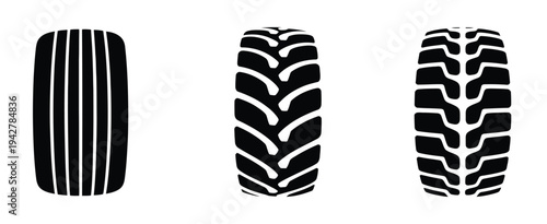Car tyre icon set, showcasing tire tracks, car and truck wheel silhouettes, tread patterns, and braking marks for racing, automotive, and speed-related vector illustration projects.