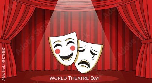 Theatre masks on stage with red curtains for world theatre day comedy and tragedy faces