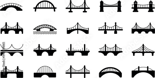 Collection of twenty black silhouette bridge icons featuring suspension, arch, cable-stayed, and truss designs for architecture engineering and graphic design