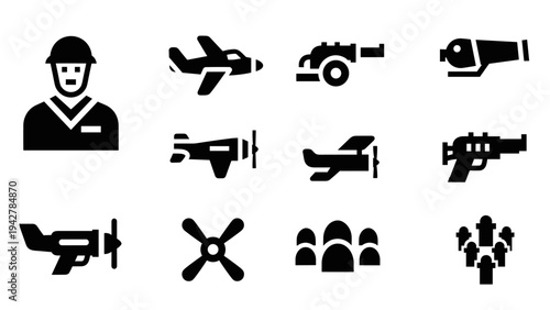 Silhouette icons of pilots and aircraft: diverse aviation symbols