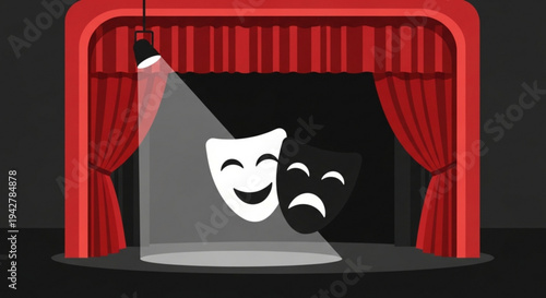 Theatrical comedy and tragedy masks on stage with spotlight and red curtains