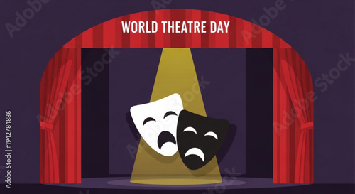 Theatrical masks on stage for world theatre day celebration with red curtains and spotlight