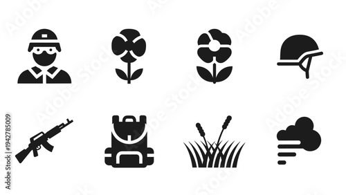 Military and nature icons in minimalist silhouette style