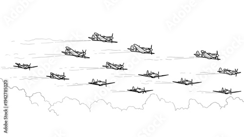 Vintage airplane silhouette formation in flight with clouds