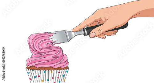 Hand Decorating Cupcake with Pink Frosting.