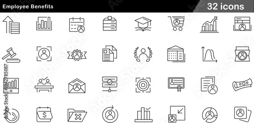 Employee Benefits Thin Line Icons Set Human Resources, Corporate Perks, Professional Development, Salary Growth and Workplace Wellness Symbols for HR