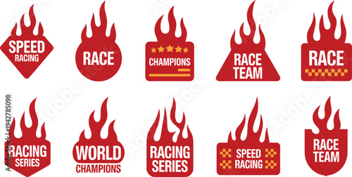 Dynamic red flame racing logos collection with speed, champions, race team, checkered patterns, motorsport branding icons for competitive event promotion