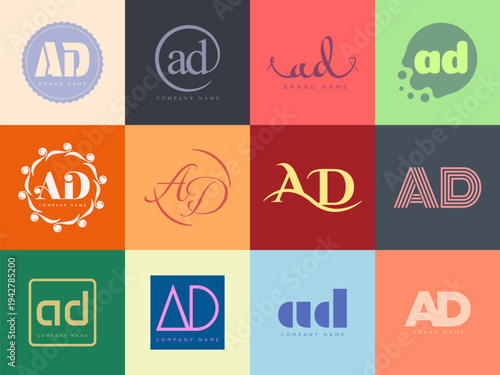 AD logo company template. Letter a and d logotype. Set different classic serif lettering and modern bold text with design elements. Initial font typography.