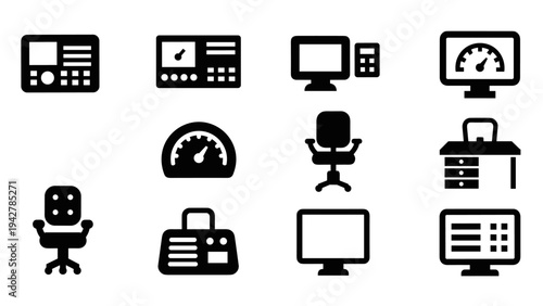 Office and technology icons set: computers, monitors, and chairs in bold design