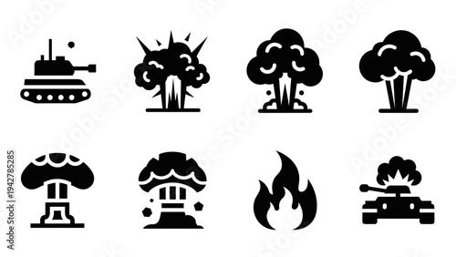 Bold black silhouettes of explosions and tanks with minimalist design