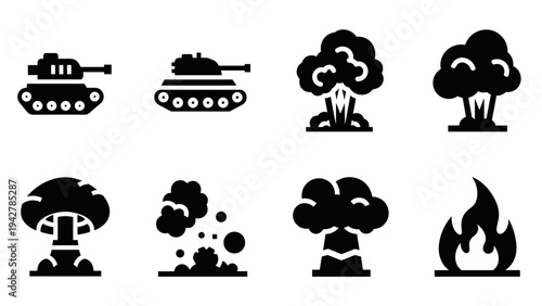 Silhouette icons of tanks and explosions for military and conflict themes
