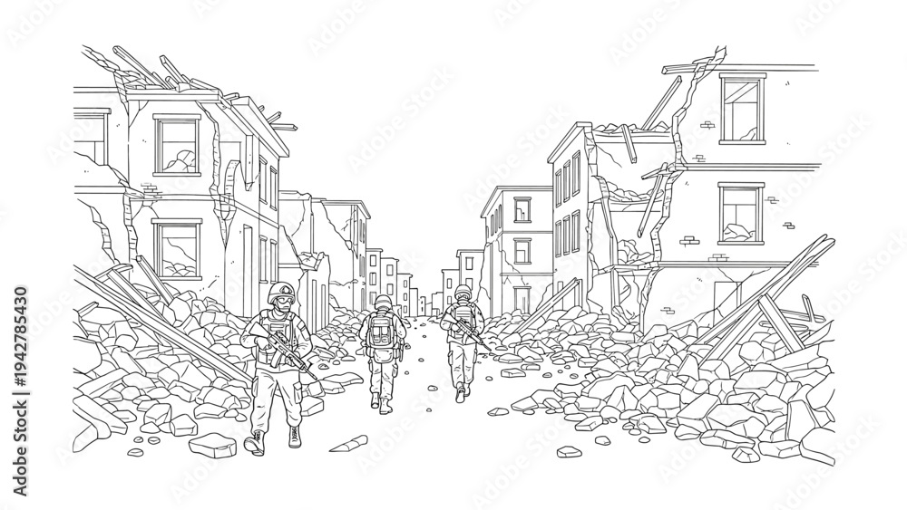 Naklejka premium Soldiers walking through war-torn city street in detailed line art scene