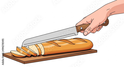 Hand Cutting Fresh Bread Loaf.