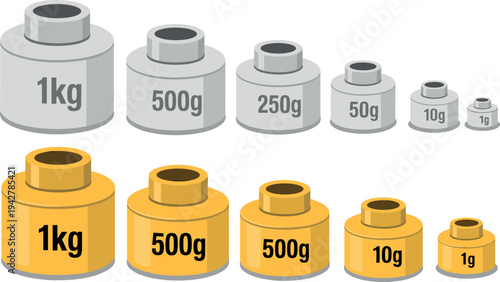 Educational vector illustration of cylindrical mass weights set in two rows, labeled with kilogram and gram units for science learning concepts.