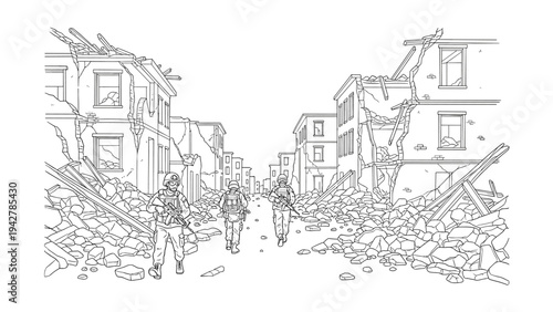 Soldiers walking through war-torn city street in detailed line art scene