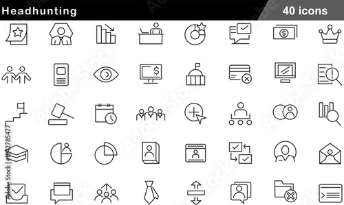 Headhunting Thin Line Icons Set Executive Recruitment, Talent Acquisition, HR Strategy, Professional Leadership and Career Development Symbols for Business