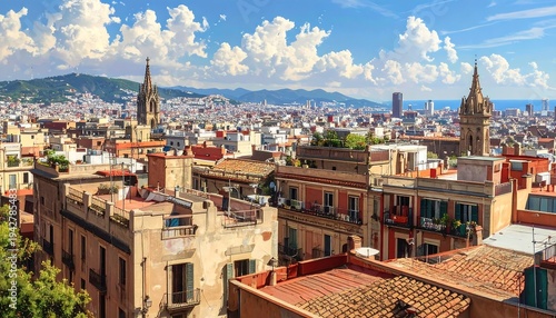 A scenic rooftop view of an urban landscape bathed in sunlight. Buildings of various heights create a dense skyline under a blue sky