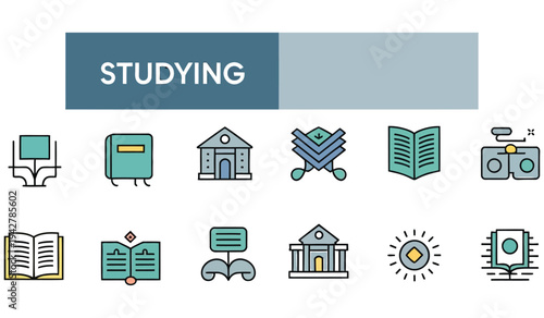 Colorful icons represent the concept of studying education and academic learning environments