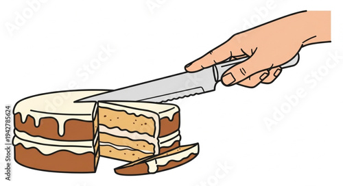 Hand Cutting Layered Cake with Knife.