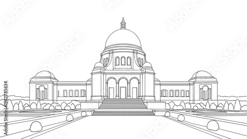 Historic architectural line art: symmetrical dome building with detailed facade