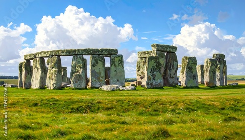 A scenic shot of an ancient monument featuring large stone structures against a vibrant, cloud-filled sky and green landscape