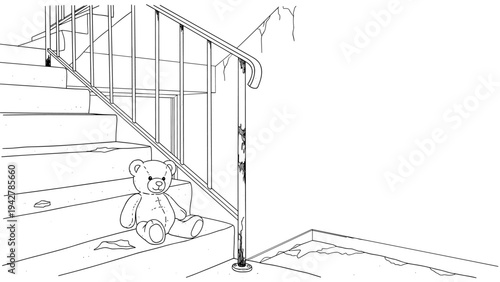 Abandoned teddy bear on staircase in an empty building sketch