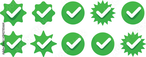 Green checkmark icons in starburst and circular backgrounds, glossy 3D style approval validation symbols for user interface and graphic design