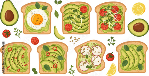 Healthy Avocado Toast Collection with Fried Egg, Tomato, Mozzarella, Chili Flakes, Lemon, and Herbs Nutritious Breakfast Food Vector Illustration Set