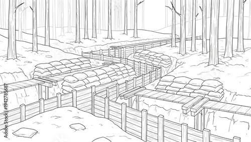 Historic forest trench scene in detailed linear art style