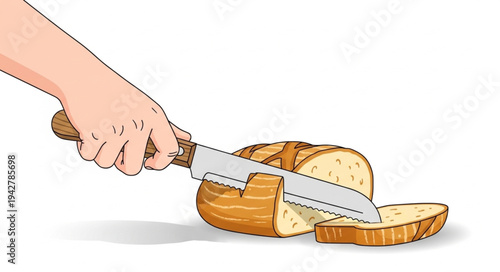 Hand Cutting Loaf of Bread with Knife.