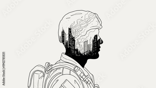 Abstract silhouette with cityscape in double exposure style