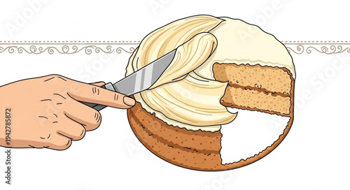 Hand Cutting Slice of Cream Cake.