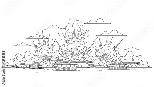 Linear tank battle scene with explosions in a cloudy sky
