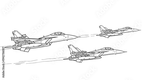 Dynamic line art of fighter jets in flight formation