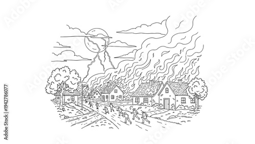 Line art scene of stormy village with running children and burning houses