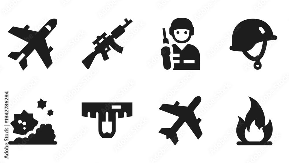 Fototapeta premium Military icons set featuring aircraft, soldier, and weapons in silhouette style