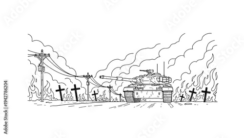 Tank in battlefield with flames and crosses line art