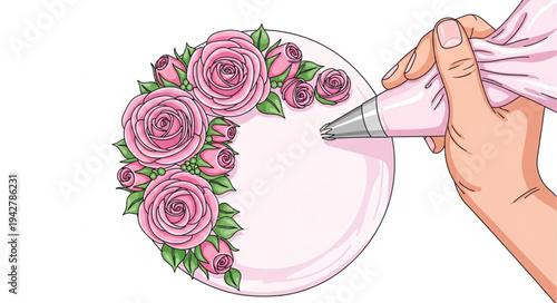 Hand Decorating Cake with Pink Flowers.