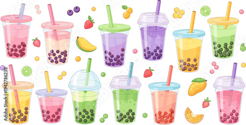 Colorful Fruit Bubble Tea Drink Collection with Strawberry, Mango, Banana, Orange, Matcha, Tapioca Pearls, and Plastic Cups Refreshing Beverage Vector Set