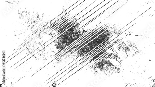 Black diagonal grunge lines and speckles on a white textured background abstract