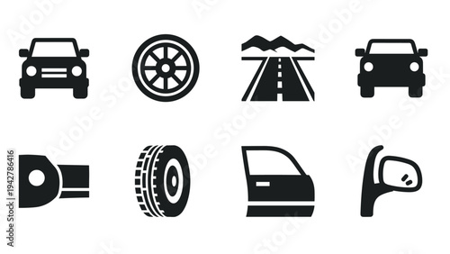 Car elements silhouette set: road, wheel, mirror, door, headlight icons