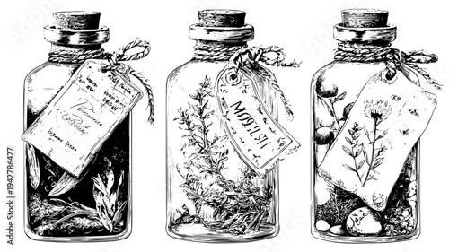 Dried herbal alchemy jar family with twine and parchment tags, set of vectors