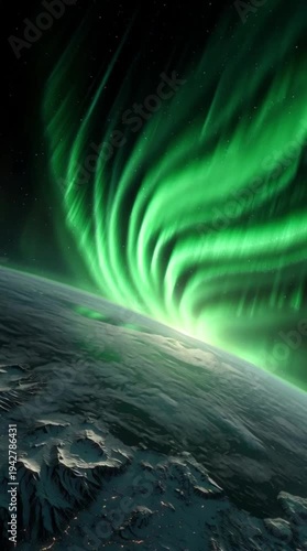 Green aurora illuminates planet earth on earth day for environmental awareness