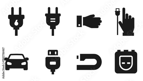 Minimalist electric icons set: plugs, hand, car, usb, magnet, socket