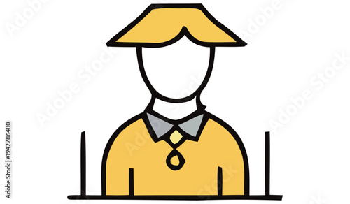 A simple illustration depicts a person wearing a traditional conical asian hat