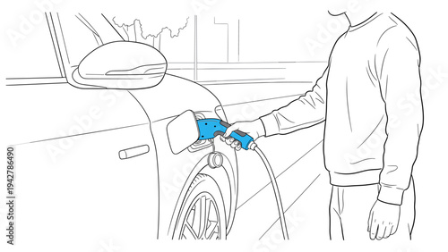 Minimalist outline of electric car charging scene with plug and hand detail