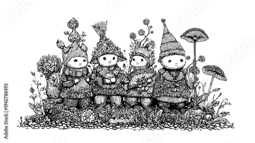 Enchanted garden family with moss cushions and pebble beds, set of vectors